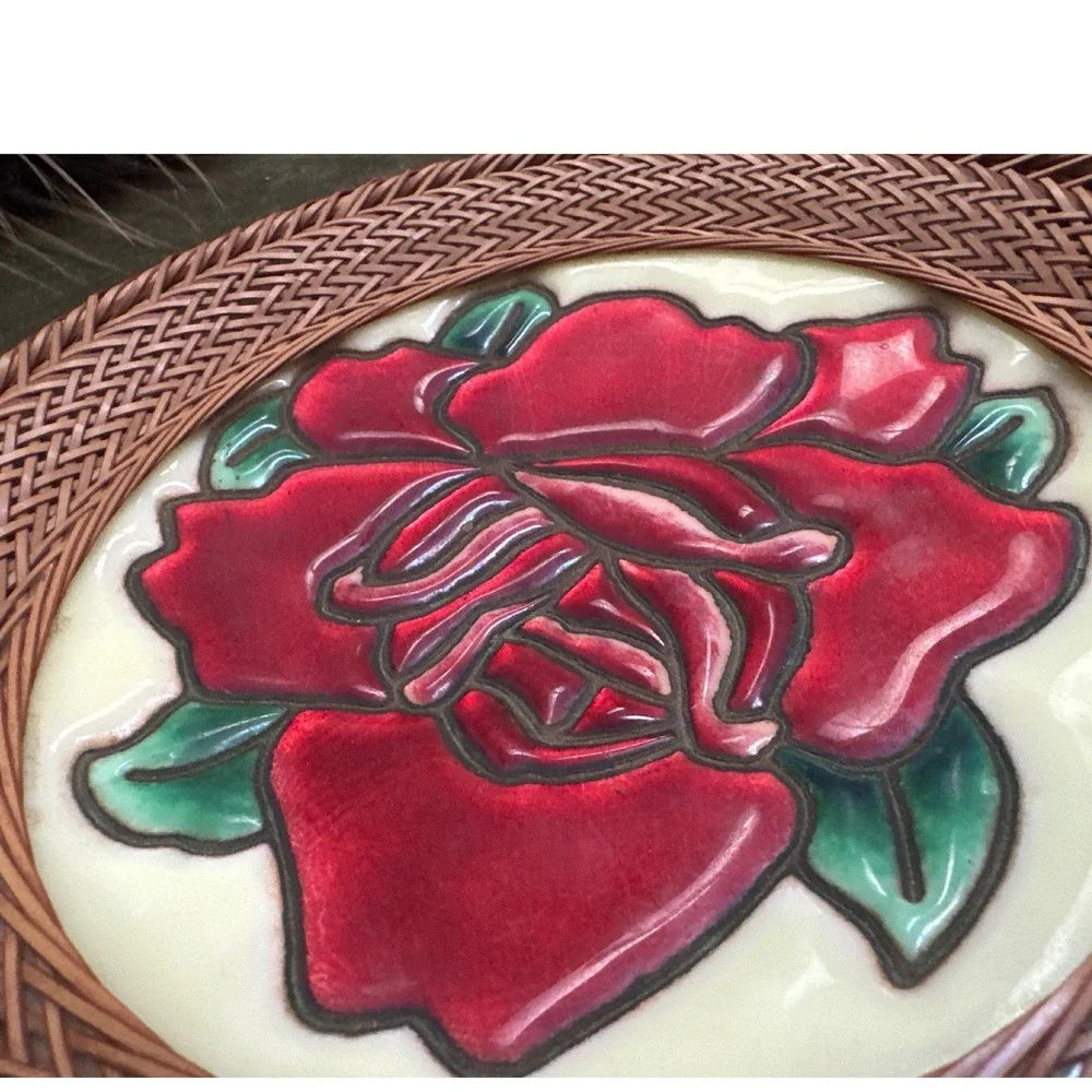 Vintage Japanese Cloisonne Enamel Moriage Plate Woven Bamboo Border red rose